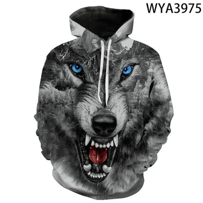 Sweatshirt com Capuz Lobo 3D Estampado, Estilo Europeu e Americano, Pullover Casual de Manga Comprida com Personalidade Animal, Modelo Popular