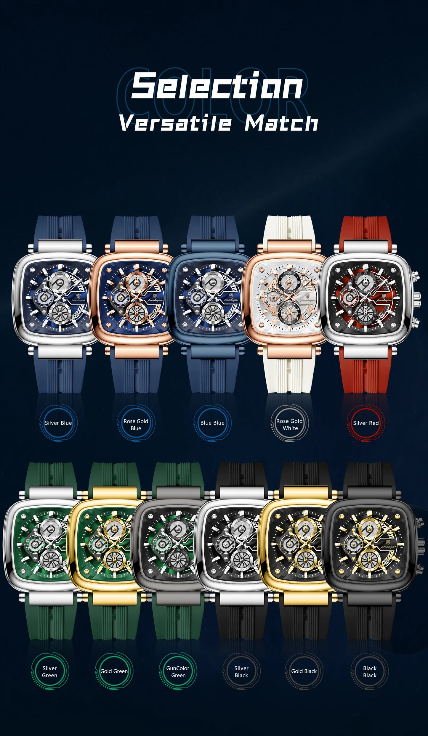 POEDAGAR Square Sport Man Wristwatch Date Waterproof Luminous Chronograph Watch For Men Silicone Strap Men's Quartz Watches Male