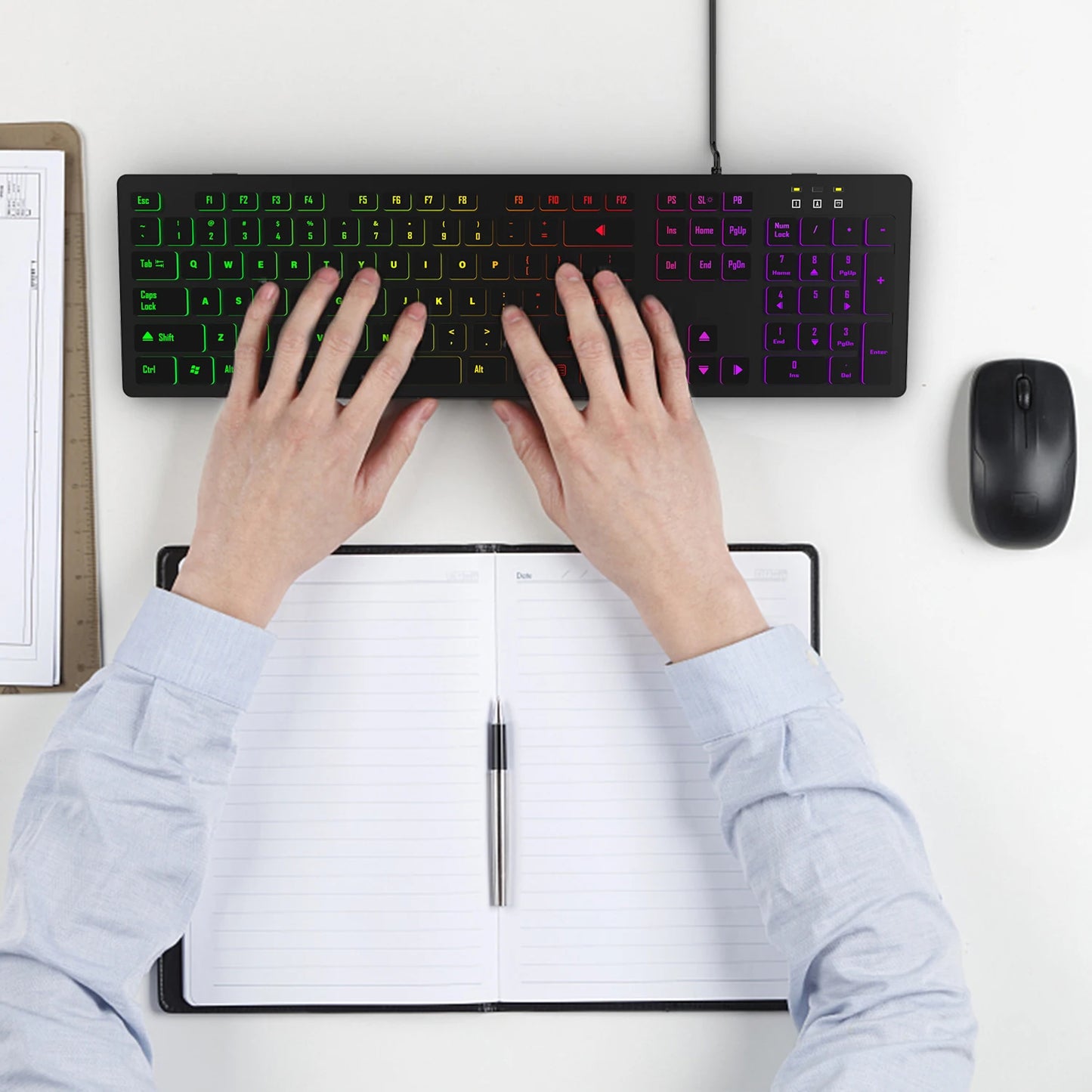 Tastiera da gaming per computer retroilluminata RGB silenziosa, tastiera cablata USB per ufficio e casa, russo, francese, spagnolo, tedesco, arabo, inglese
