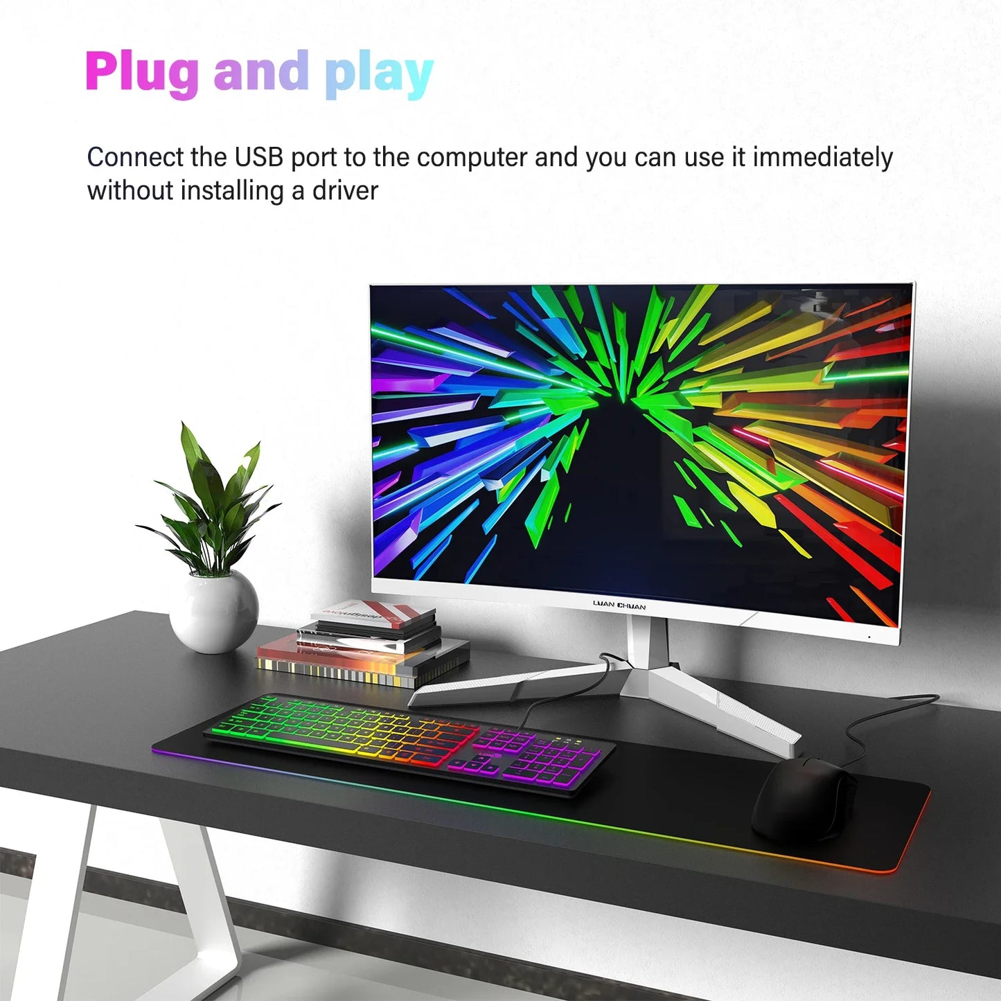 Tastiera da gaming per computer retroilluminata RGB silenziosa, tastiera cablata USB per ufficio e casa, russo, francese, spagnolo, tedesco, arabo, inglese