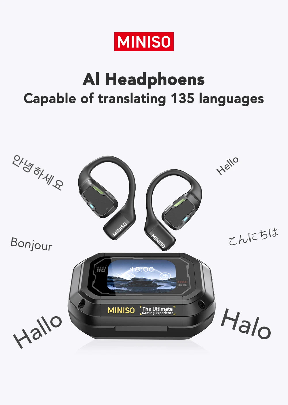 AI MINISO M98 Wireless Headphones OWS Sports Bluetooth Earphones Gaming Headset AI Translator Earbuds APP LCD Touch Screen IPX5