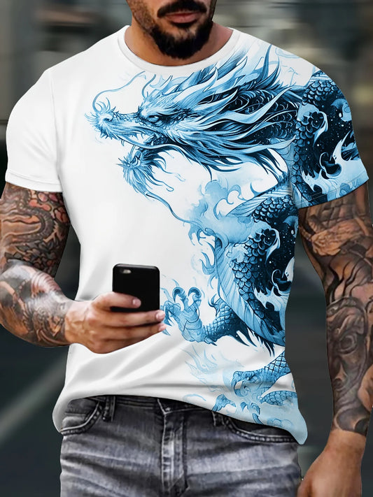 Herren-T-Shirt mit Drachenprint, lässiges Graphic Tee aus atmungsaktivem Stoff, Streetstyle-Outdoor-Mode, Kurzarmshirt für Herren