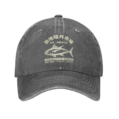 Japanense Tsukiji Fish Market Washed Tokyo Japan Baseball Cap Sun High Quality Washed Trucker Hat Female Male Snapback Cap
