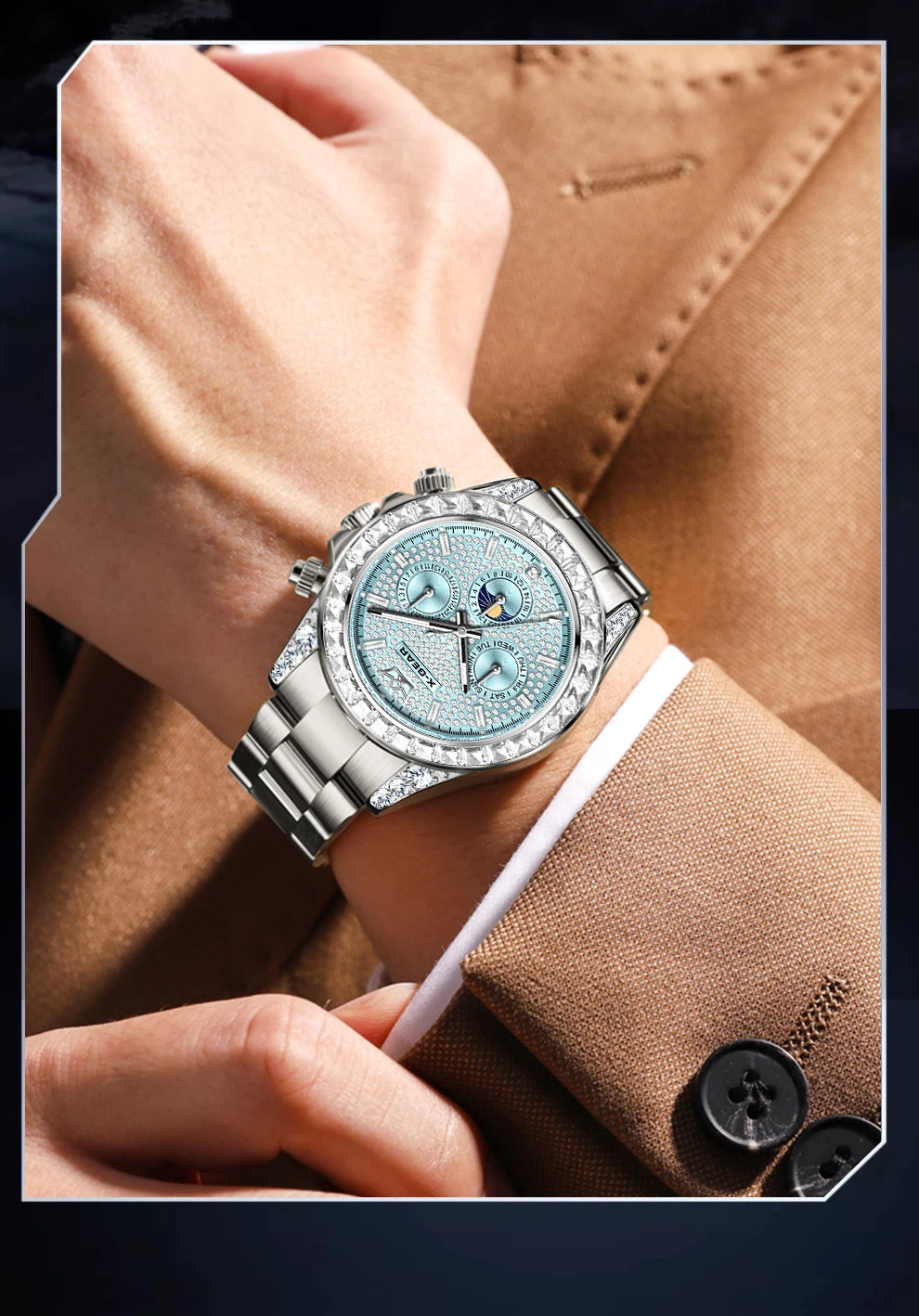 X-GEAR Men's Watch Automatic Mechanical with Diamond Dial Luminous Moon Phase Water-Resistant