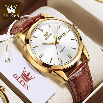 Relógio de quartzo OLEVS para homem – Estilo luxuoso e elegante, bracelete em pele, indicação da data e do dia, resistente à água, ideal para o trabalho