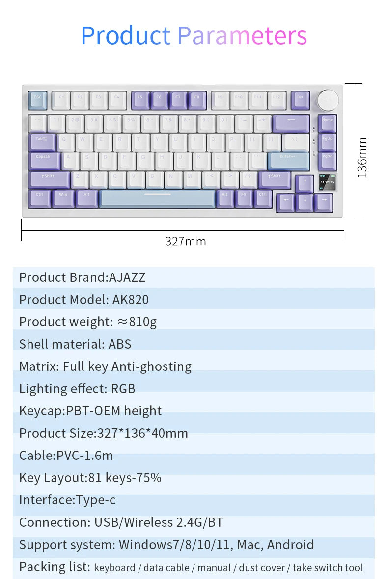 Teclado mecánico gaming AJAZZ AK820 Pro con cable e inalámbrico, switches intercambiables en caliente, retroiluminación RGB trimodo, diseño compacto 70%, PC/Mac