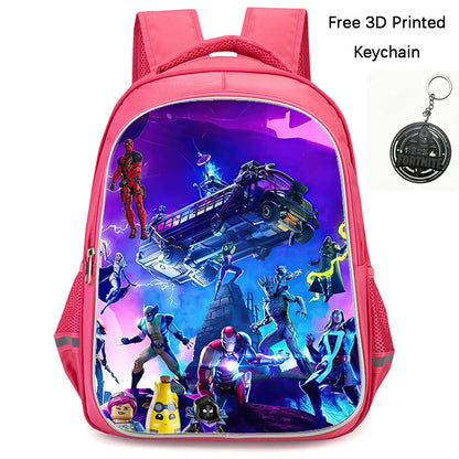 FORTNITE 16-inch Durable Lightweight Backpack, Dual Zipper Pockets, Cartoon Style for Boys & Girls 6-10,Free 3D Printed Keychain