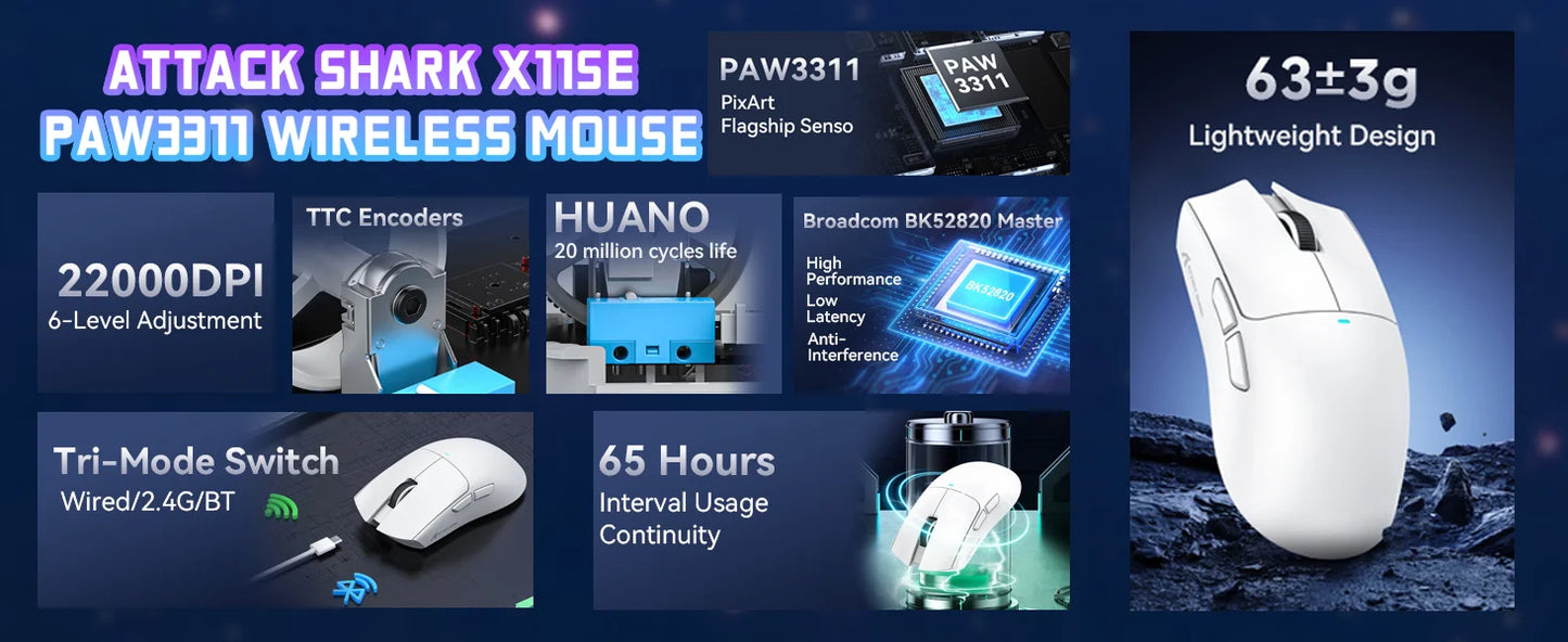 ATTACK SHARK X11SE trådlös gamingmus, tri-mode, 63g superlätt med PAW3311-sensor, 22000 DPI, 300mAh batteri, dubbel drivrutin