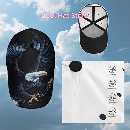 One Baseball Cap Featuring a Majestic Eagle in Flight, Equipped with an Adjustable Strap. This Lightweight And Foldable Hat Is P