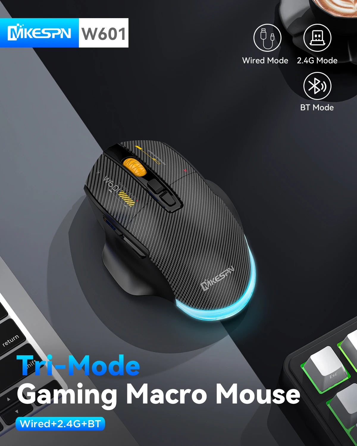 12800DPI 2.4G Wireless Bluetooth Wired Tri-mode Mouse Mute Button Macro Programming Carbon Fiber Gaming Mouse 500mAh 7 Keys