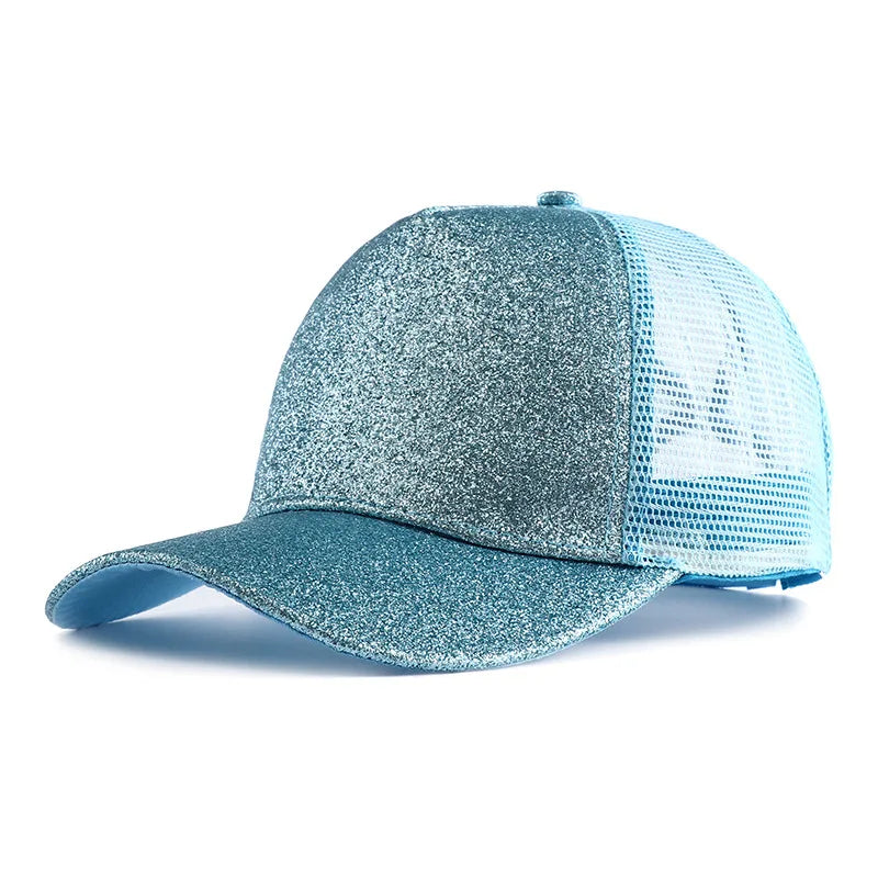 Letnia czapka z daszkiem z brokatem, z wysokim karkiem, damska czapka typu snapback, czapki typu trucker z siateczką w kolorach czarnym, białym i różowym dla kobiet Gorra