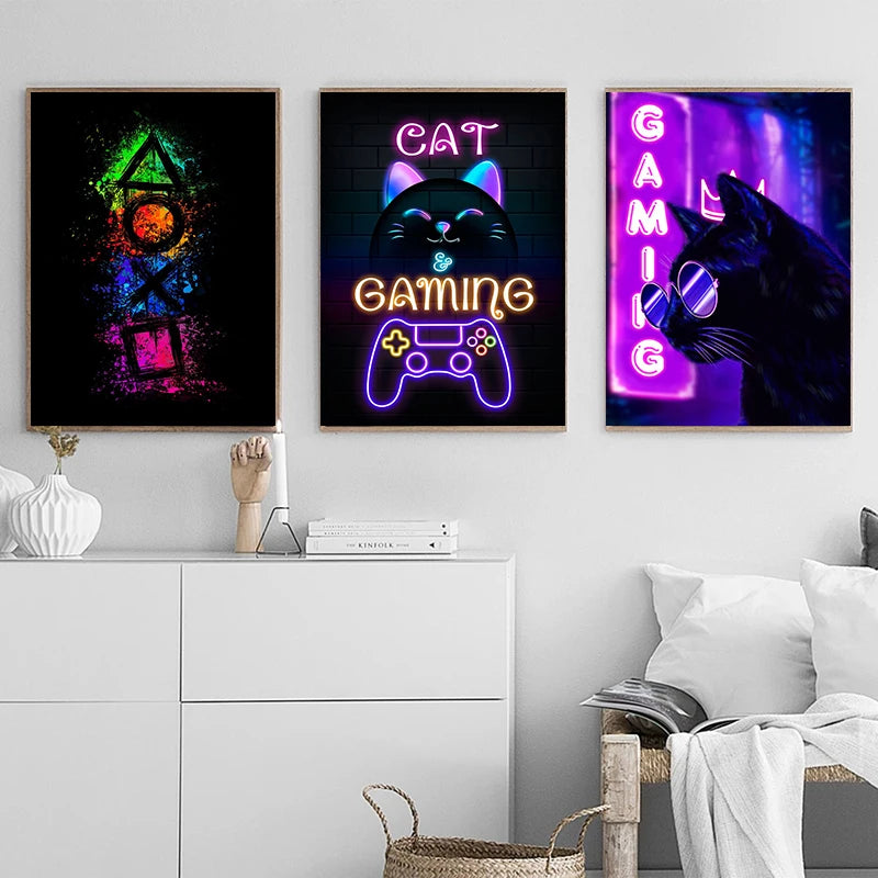 Póster Nordic Cat e Citações de Comando Gaming em Tela Moderna para Arte de Parede e Decoração Mural de Quarto Gamer para Rapazes e Raparigas (não néon)