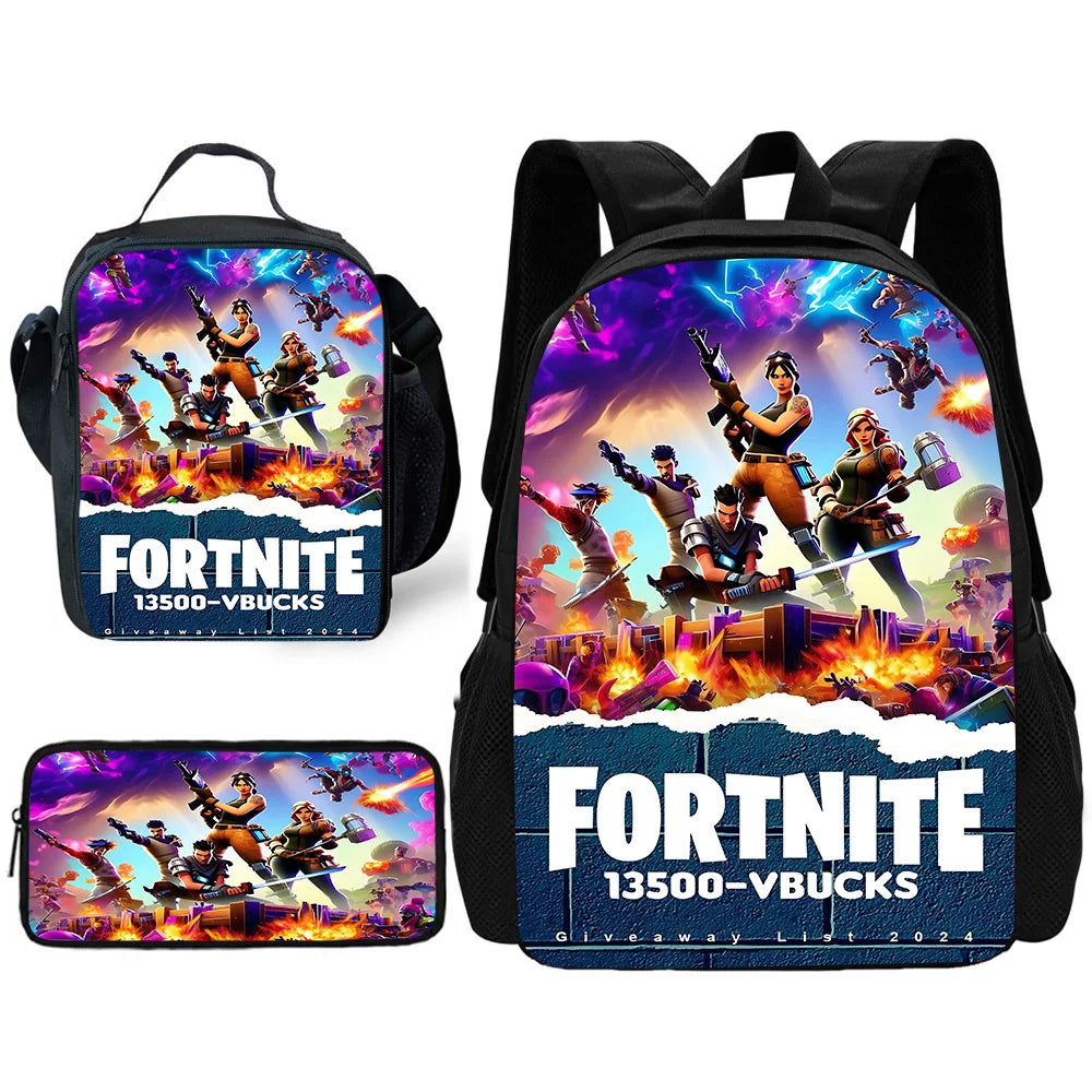 Mochila Escolar Infantil Hot Game com Lancheiras, Design-F-FortniteS, Estojos para Lápis, Mochilas Escolares para Rapazes e Raparigas, Melhor Presente