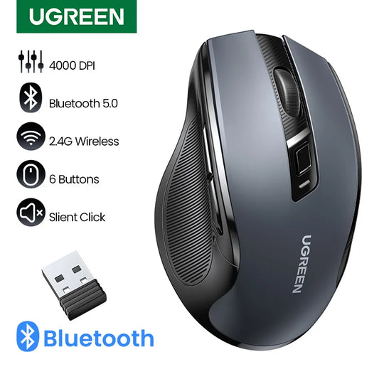 UGREEN trådløs mus Bluetooth 5.0 ergonomisk mus 4000DPI med 6 lydløse knapper til MacBook, tablet, bærbare computere, computer og PC 2.4G-mus