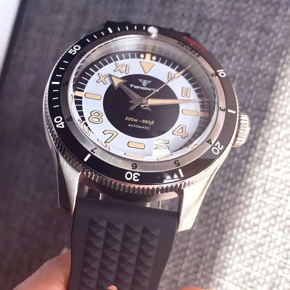 Tandorio Waterproof Watch Men Dome Sapphire Crystal Roman Numbers 120 Clicks Bezel NH35A/Miyota 8215 Movt Silicone Grey Dial