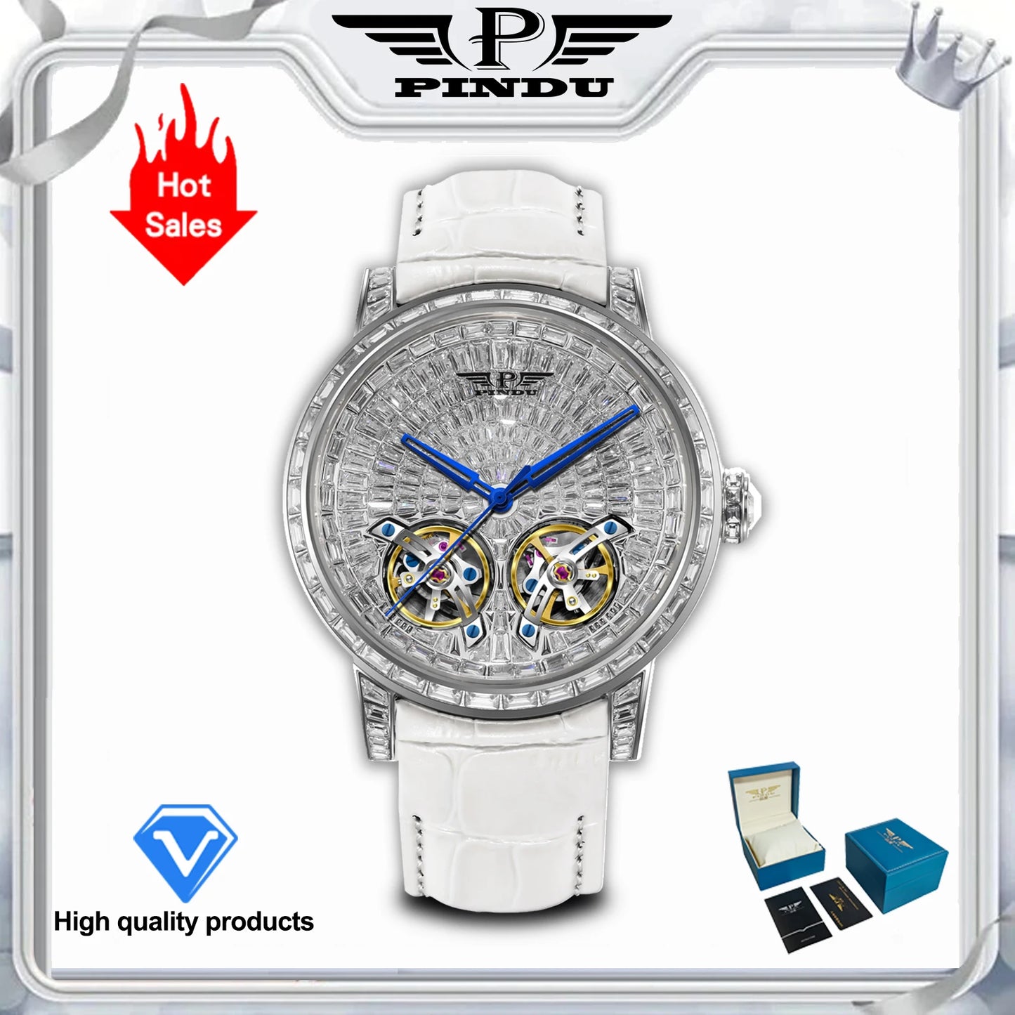 2026 PINDU Design New Diamond Mechanical Watch Men Top Luxury Double Flying Wheel Watch Sapphire Glass Waterproof Watch Leather