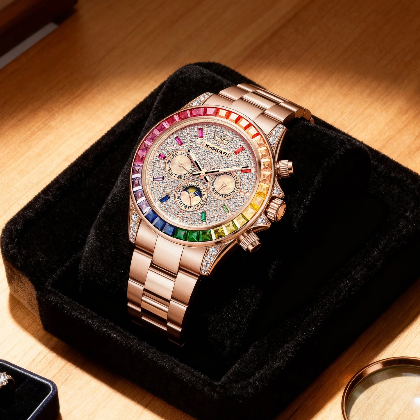 X-GEAR Men's Watch Automatic Mechanical with Diamond Dial Luminous Moon Phase Water-Resistant