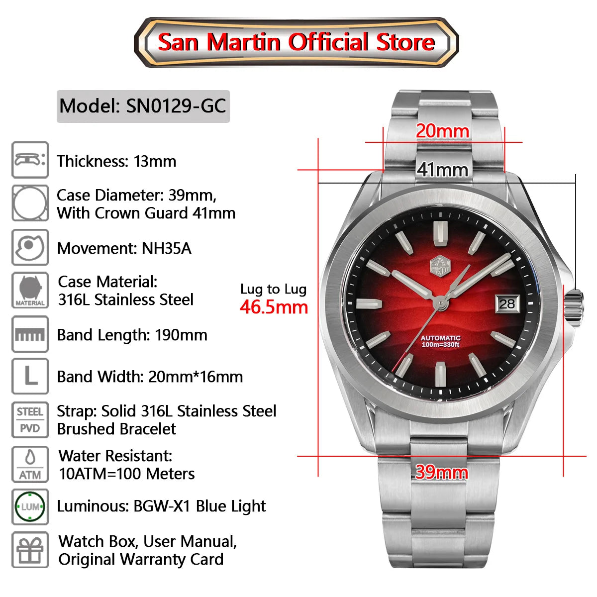 San Martin New Gada Watch 39mm Desert Texture Men Dress Watch NH35 Automatic Mechanical Sapphire Waterproof 100m Luminous SN0129