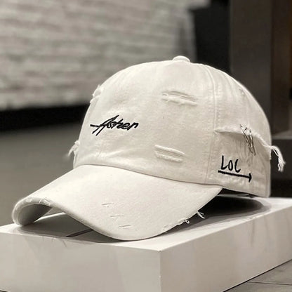 Unisex Asher Embroidery Broken Hole Iron Ring Baseball Caps Outdoor Adjustable Spring and Autumn Casual Sunscreen Hat
