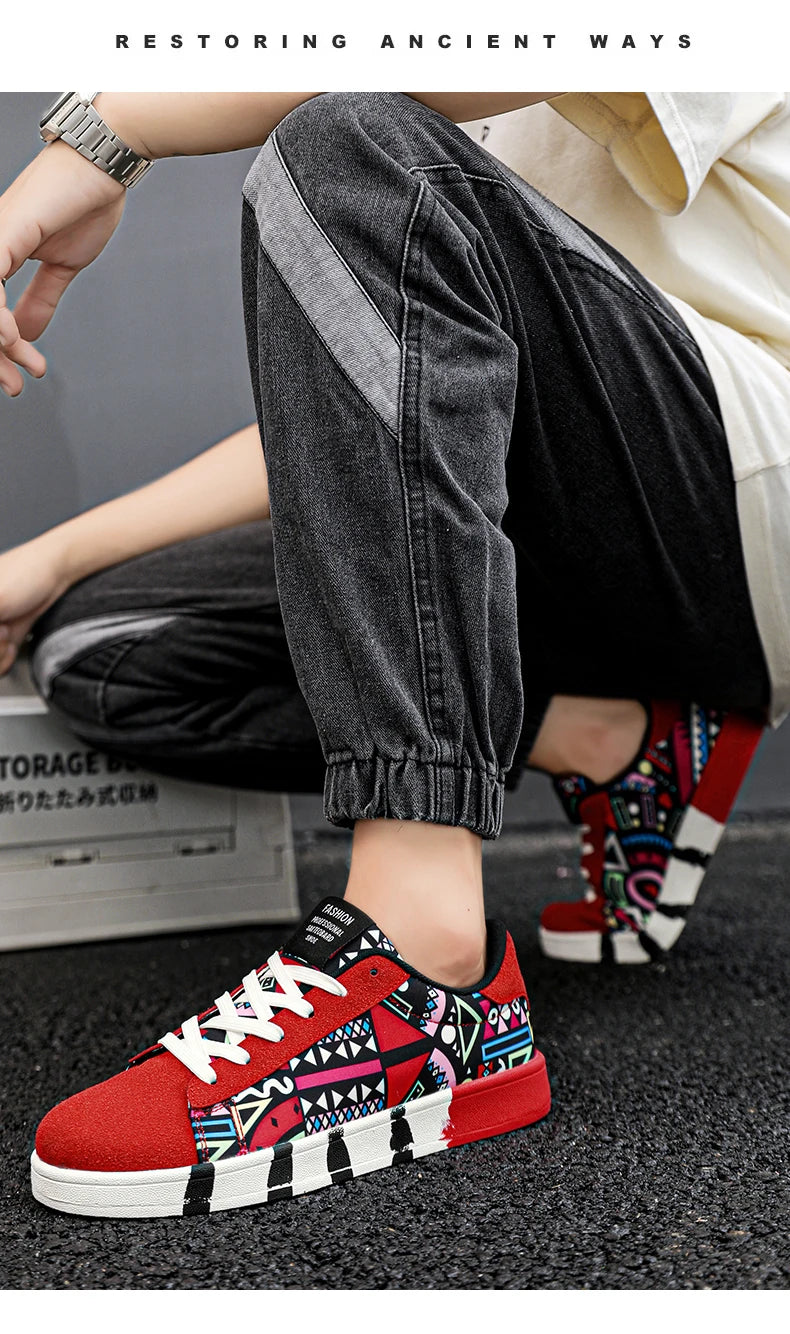 Zapatillas deportivas de running para hombre YRZL de lona con estilo geométrico, zapatillas con cordones para pareja, zapatos de skate para hombre con estampado grafiti moderno