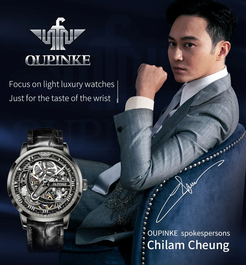 OUPINKE 3173 Skeleton Automatic Mechanical Watch Luxury Brand 50M Waterproof Watch Leather Strap Mens Watch Box Gifts Reloj