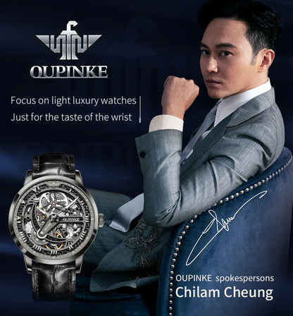 OUPINKE 3173 Skeleton Automatic Mechanical Watch Luxury Brand 50M Waterproof Watch Leather Strap Mens Watch Box Gifts Reloj