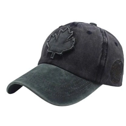 Casual Washed Denim Look Maple Leaf Patch Cap Adjustable Two Tone Outdoor Sport Baseball Hat for Daily Wear
