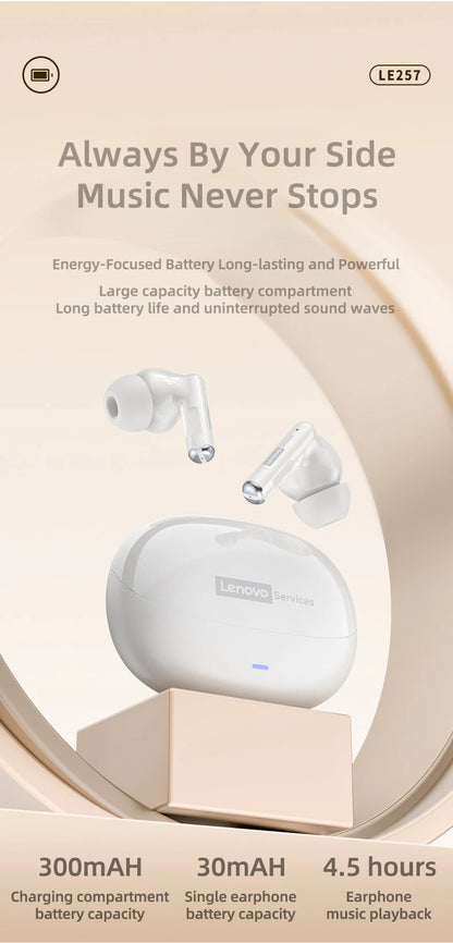  Lenovo LE257 TWS Wireless Bluetooth 6.0 Headphones HiFi Sound ENC Call Noise Reduction Earphone Gaming Sports Headset With Mic