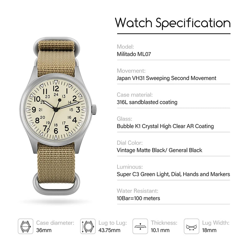 Militado ML07 Military Watch VH31 Quartz Movement Sapphire Crystal Luminous AR Coating Vintage Watches 100m Waterproof