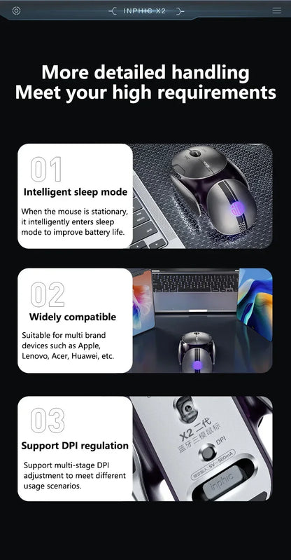 Inphic X2 Tri-Mode Metal Bluetooth Wireless Mouse Silent Rechargeable E-Sports Backlight Gaming PC Laptops Accessories Gift