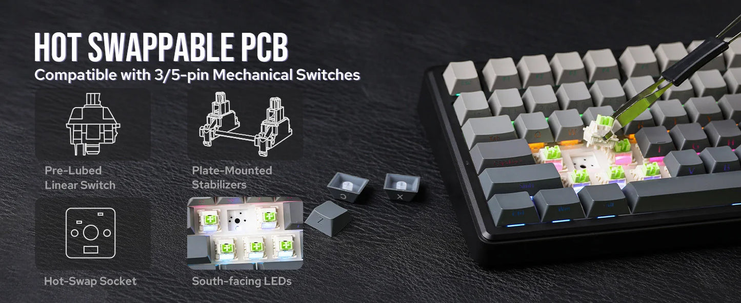 Teclado mecánico inalámbrico EPOMAKER X AULA F75 MAX compacto 75% con distribución ANSI, conexión por cable/Bluetooth/2.4GHz, pantalla TFT y perilla