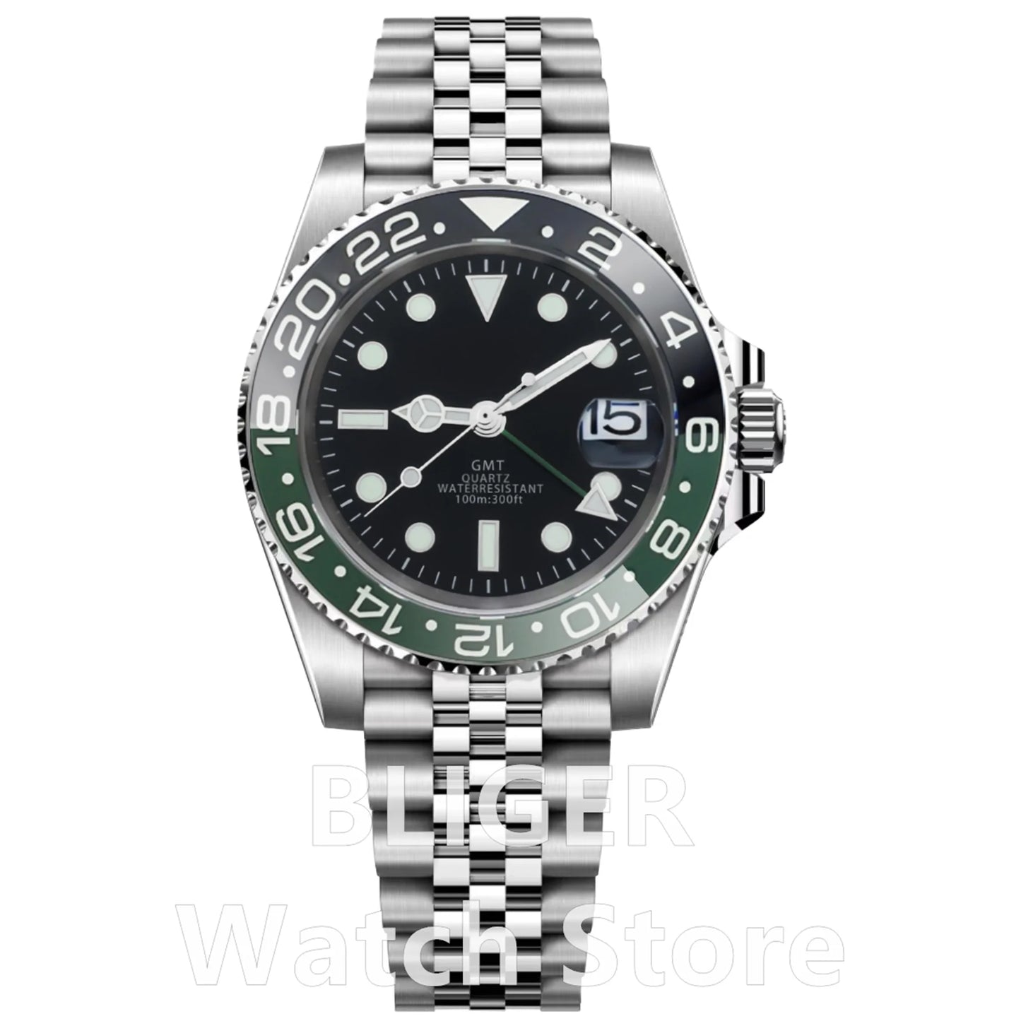 BLIGER 40mm 515 24H GMT Men's Watch Stainless Steel Clasp Luminous Quartz Movement Ceramic Bezel Sapphire Glass 10Bar Waterproof