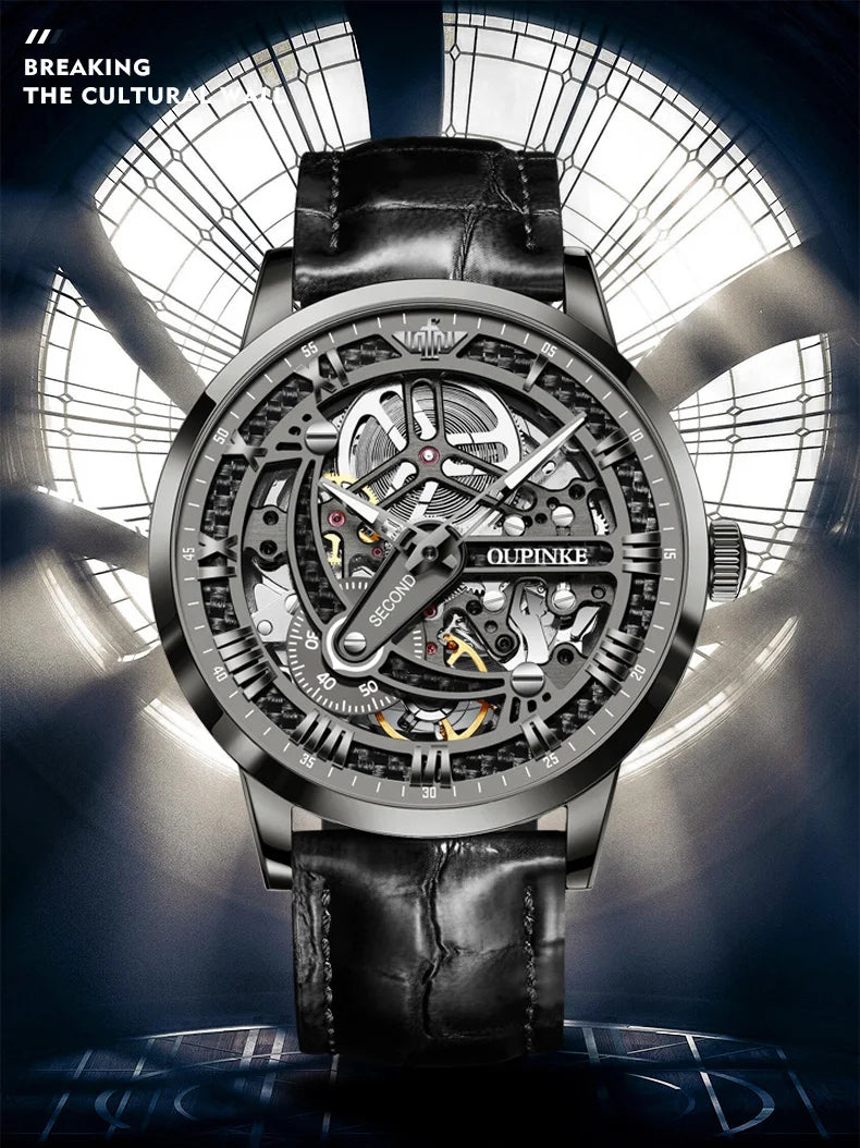 OUPINKE 3173 Skeleton Automatic Mechanical Watch Luxury Brand 50M Waterproof Watch Leather Strap Mens Watch Box Gifts Reloj