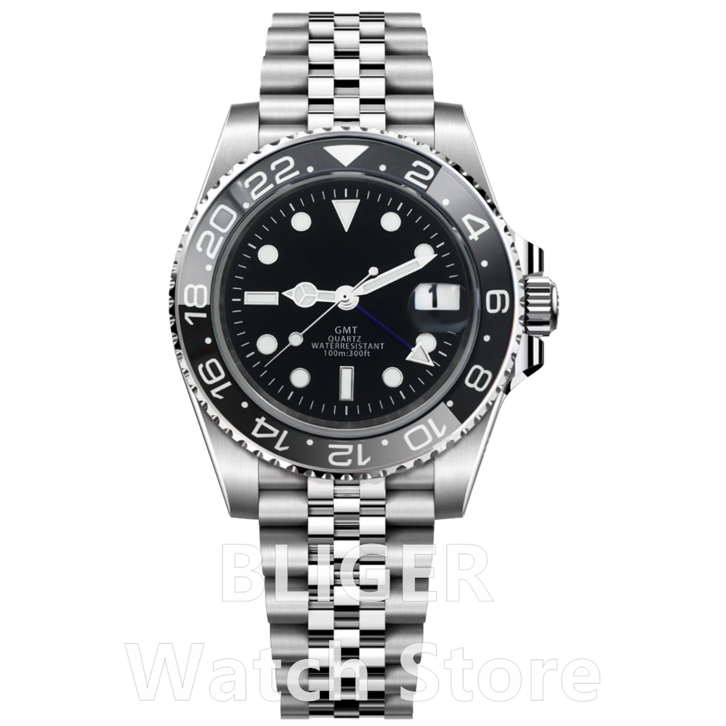 BLIGER 40mm 515 24H GMT Men's Watch Stainless Steel Clasp Luminous Quartz Movement Ceramic Bezel Sapphire Glass 10Bar Waterproof
