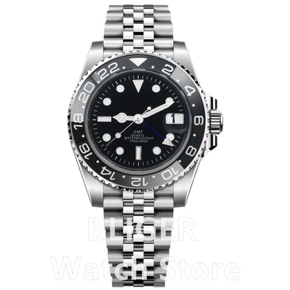 BLIGER 40mm 515 24H GMT Men's Watch Stainless Steel Clasp Luminous Quartz Movement Ceramic Bezel Sapphire Glass 10Bar Waterproof