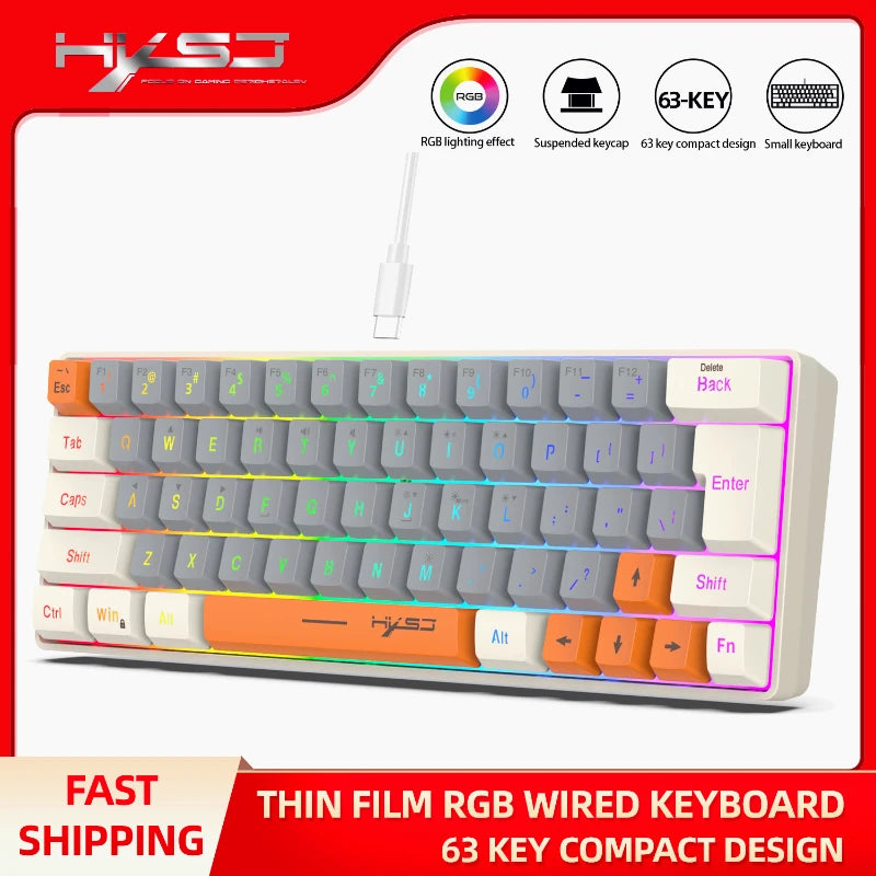 Keyboard RGB USB wired 63 keys gaming gamer compact  mini pc keyboards for trips,office,games business key board (Grey&Orange)