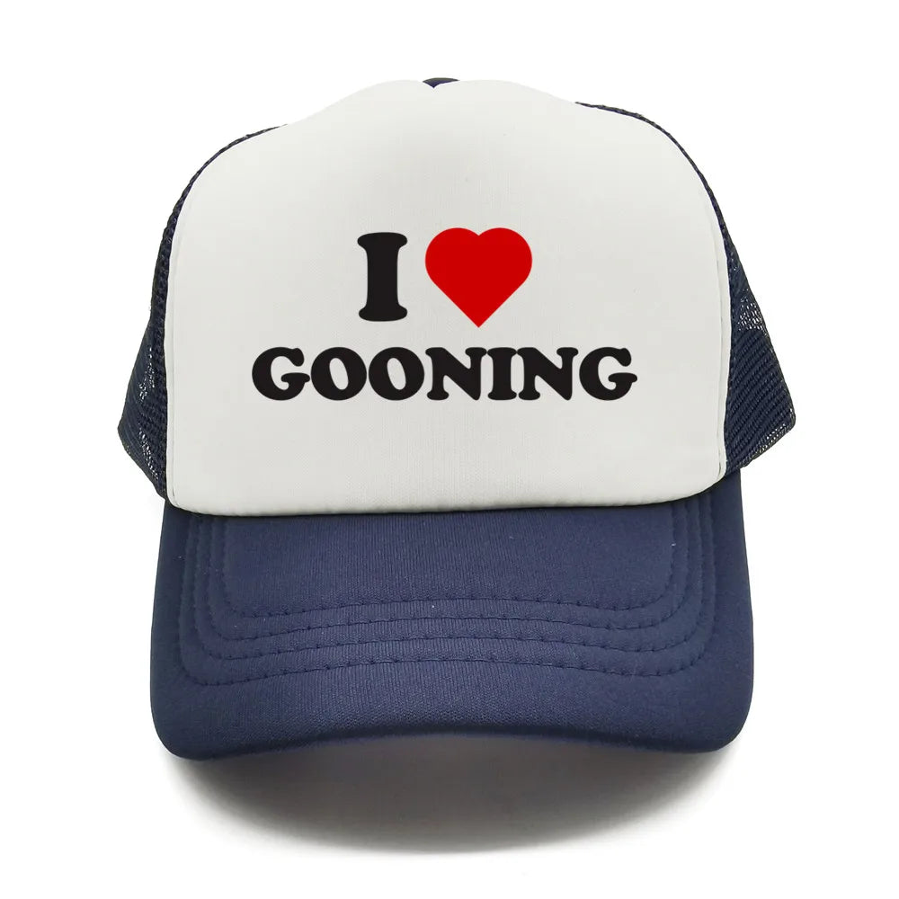 Juokingos „I Love Gooning“ beisbolo kepurės. Šaunios vasarinės vyriškos tinklinės kepurės. Humoro kupinos „Trucker“ stiliaus kepurės. Unisex lauko tinklinės kepurės MZ-080