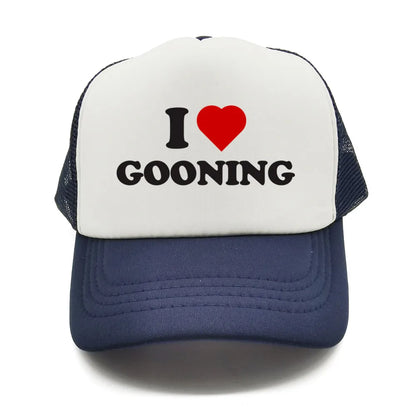 Juokingos „I Love Gooning“ beisbolo kepurės. Šaunios vasarinės vyriškos tinklinės kepurės. Humoro kupinos „Trucker“ stiliaus kepurės. Unisex lauko tinklinės kepurės MZ-080