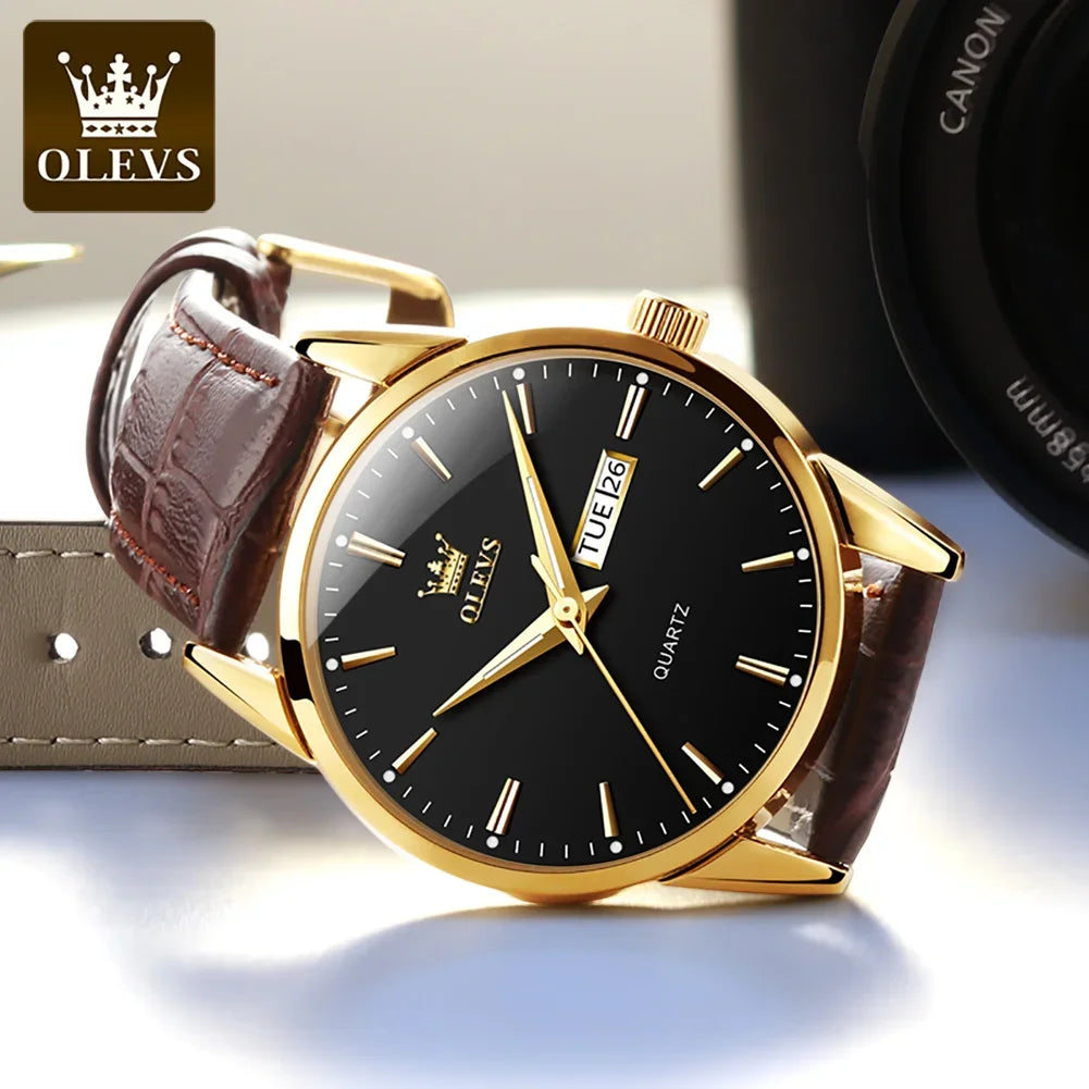 Relógio de quartzo OLEVS para homem – Estilo luxuoso e elegante, bracelete em pele, indicação da data e do dia, resistente à água, ideal para o trabalho