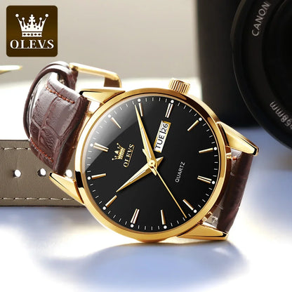 Relógio de quartzo OLEVS para homem – Estilo luxuoso e elegante, bracelete em pele, indicação da data e do dia, resistente à água, ideal para o trabalho