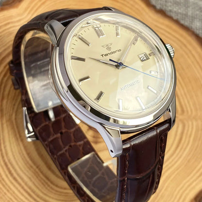 Tandorio 40mm Japanese NH35 Automatic 200M Diving Watch Men Beige Dial Bubble Sapphire Polished Case Glass Back Screw Crown