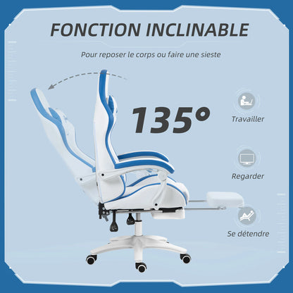 Gaming chair ergonomic gaming chair with 135° reclining backrest and lumbar support, 65x65x121-129 cm white