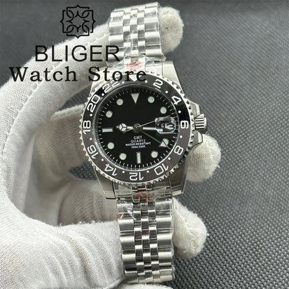 BLIGER 40mm 515 24H GMT Men's Watch Stainless Steel Clasp Luminous Quartz Movement Ceramic Bezel Sapphire Glass 10Bar Waterproof