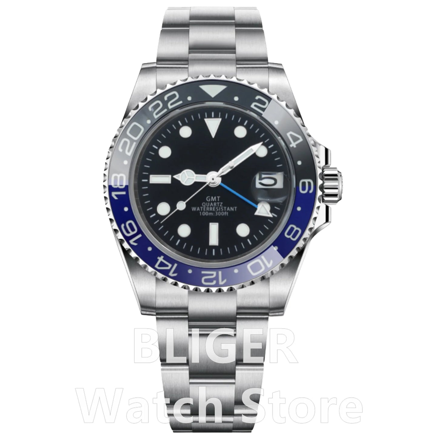 BLIGER 40mm 515 24H GMT Men's Watch Stainless Steel Clasp Luminous Quartz Movement Ceramic Bezel Sapphire Glass 10Bar Waterproof