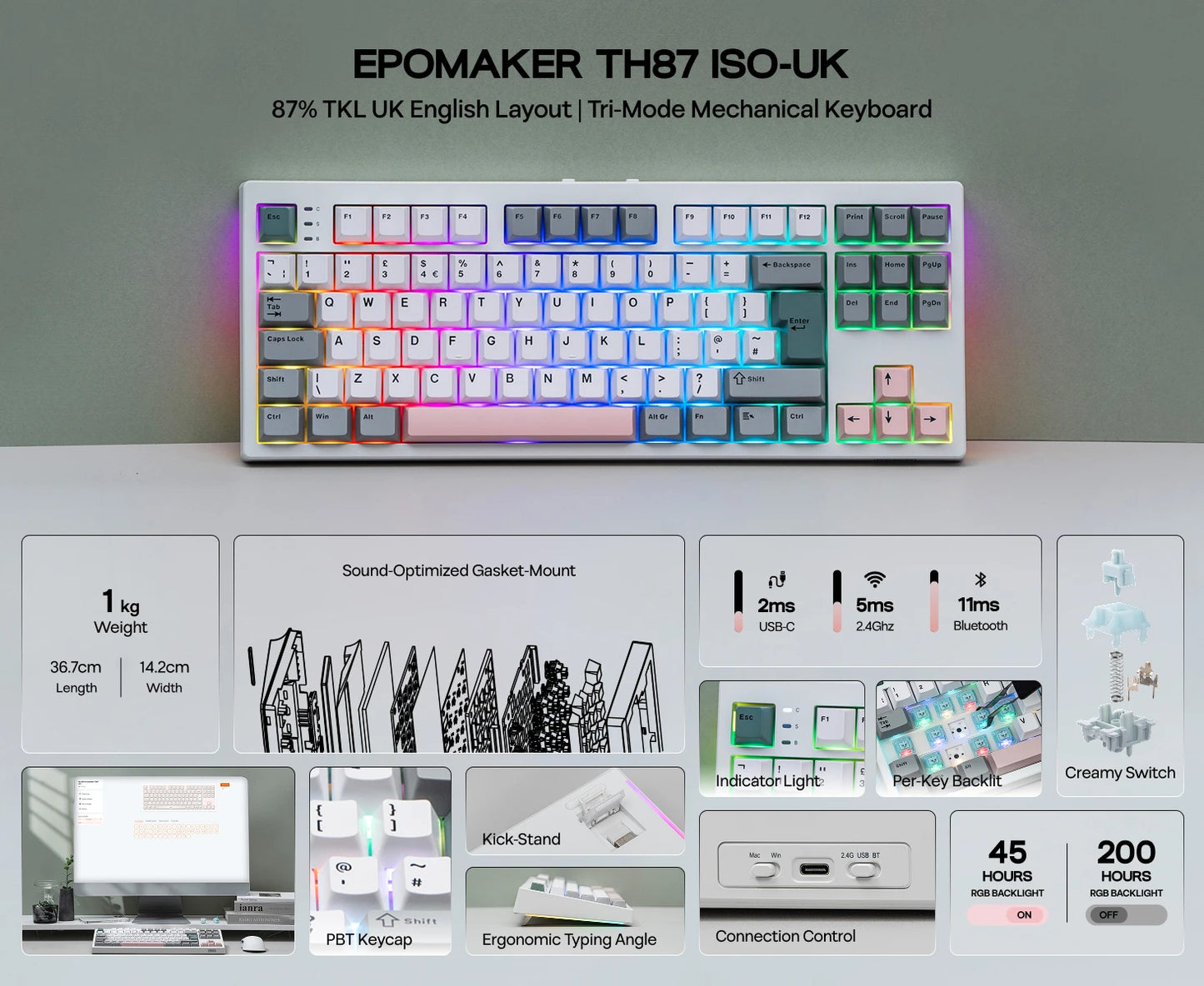 Layout ISO-UK EPOMAKER TH87 TKL Tastiera meccanica cablata/BT/wireless 2.4Ghz NKRO con batteria 10000mAh e illuminazione RGB