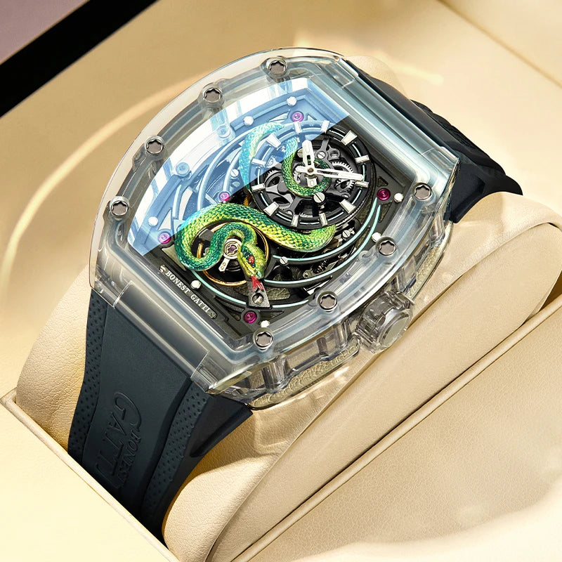 BONEST GATTI Men Mechanical Watch Sapphire Crystal Double Sided Hollow Out Luminous 30M Waterproof Snake Pattern Dial Wristwatch