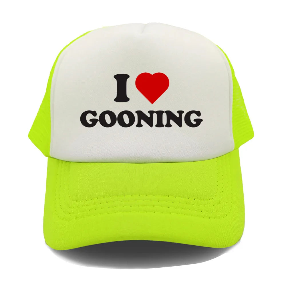 Juokingos „I Love Gooning“ beisbolo kepurės. Šaunios vasarinės vyriškos tinklinės kepurės. Humoro kupinos „Trucker“ stiliaus kepurės. Unisex lauko tinklinės kepurės MZ-080