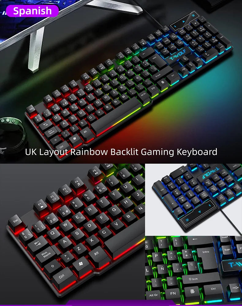 Tastiera gaming meccanica con retroilluminazione RGB, cablata USB, per ufficio e casa, tasti multimediali, layout russo, spagnolo, arabo e inglese