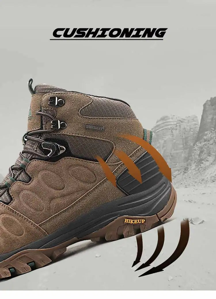 Botas de caminhada de cano alto HIKEUP para homem, calçado de inverno para exterior, com atacadores, antiderrapantes, desportivas casuais para trekking, impermeáveis, em camurça