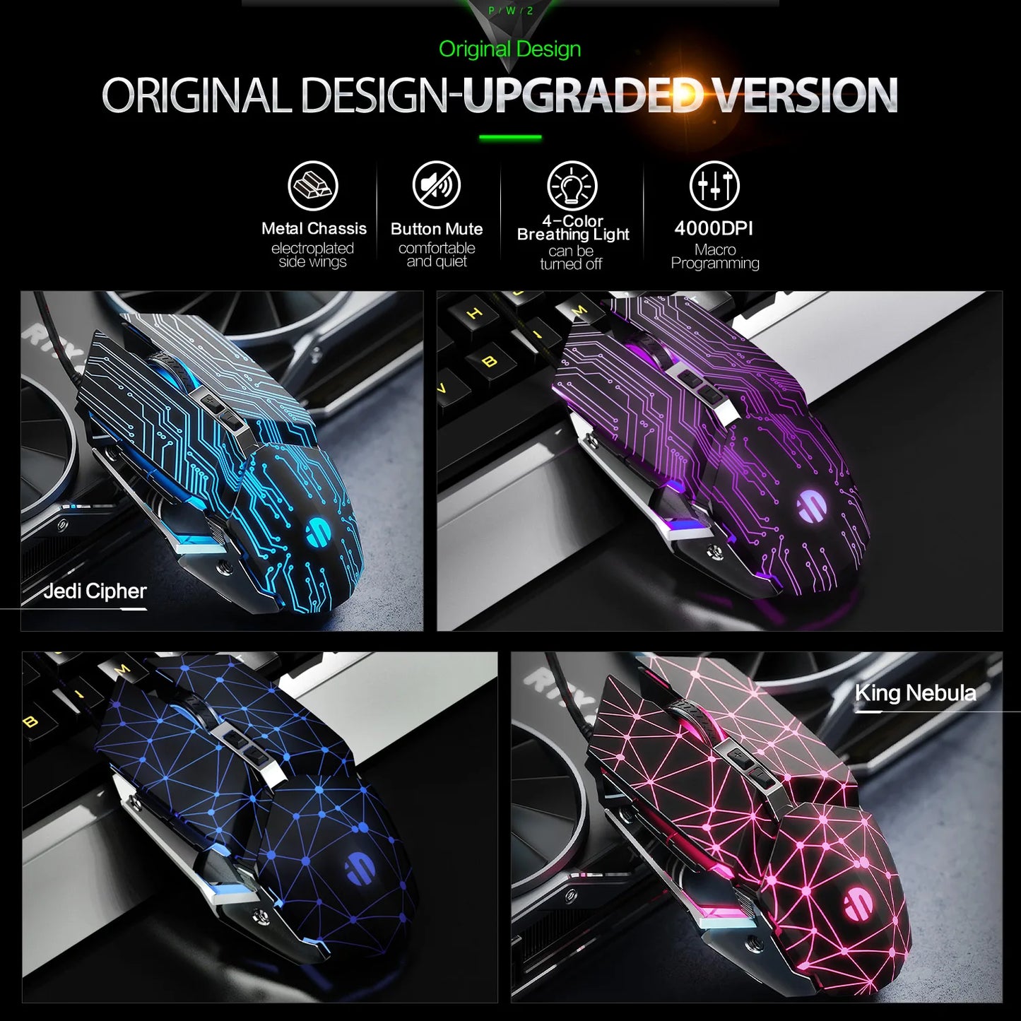 INPHIC W2 Gaming Mouse Silent Click USB Optical Wired Mouse 4800DPI Ergonomic Mice 6 Programmable Buttons RGB Breathing LED PC